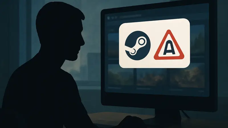 Иконка расширения для браузера с логотипом Steam и предупреждением об ИИ-играх.