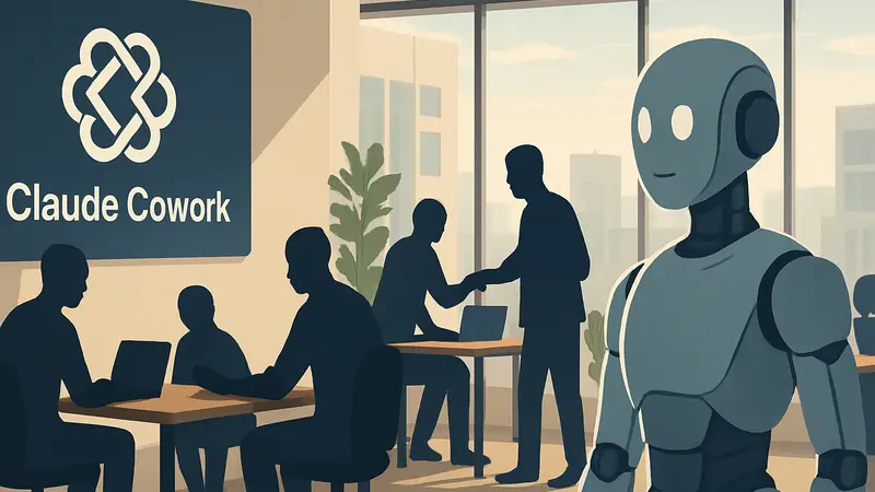 Логотип Anthropic Claude Cowork, иллюстрация ИИ для офиса, новые функции.