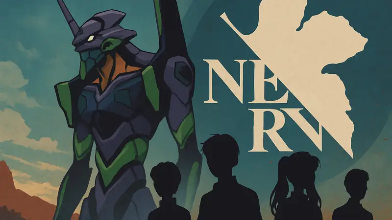 Кадры из аниме Evangelion с Евой-01 и героями на фоне символики сериала