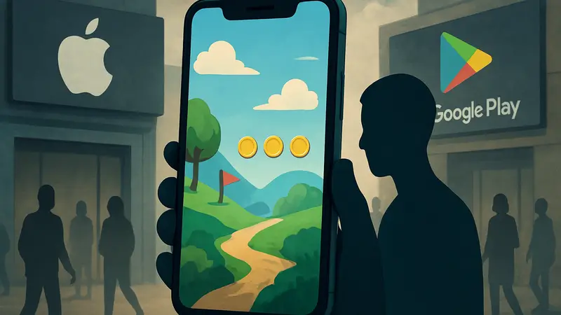 Смартфон с мобильной игрой на экране, символизирующий прямые продажи вне App Store и Google Play.