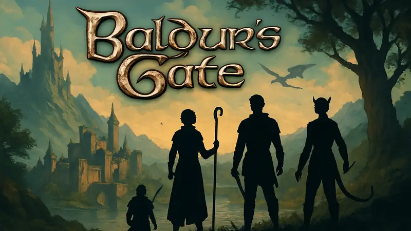 Логотип Baldur's Gate на фоне фэнтезийного мира Dungeons & Dragons.