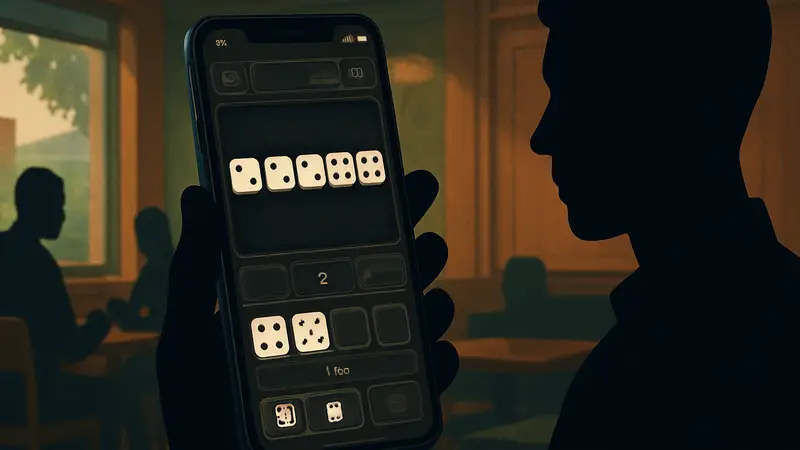 Скриншот геймплея Dark Tap Dice на мобильном устройстве, показывающий кубики и элементы интерфейса iOS/Android.