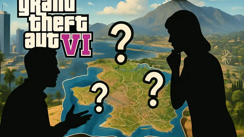 Концепт-карта GTA 6 с вопросительными знаками, символизирующая дебаты о её размере.