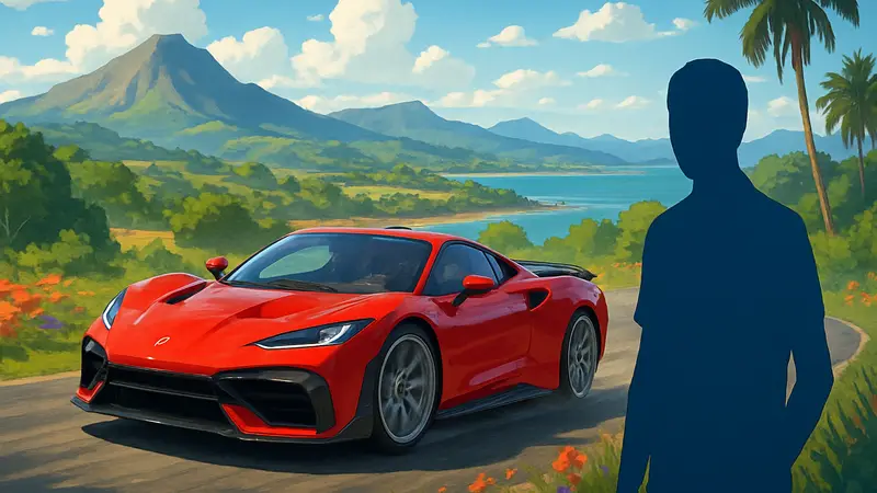Спортивный автомобиль в движении на фоне живописного пейзажа из Forza Horizon 6