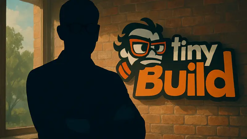 Алекс Ничипорчик, CEO tinyBuild Publishing, на фоне логотипа компании.