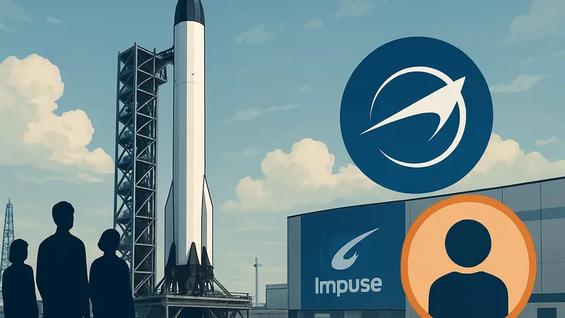 Ракета на стартовой площадке, логотип Impulse Space, символ найма людей.