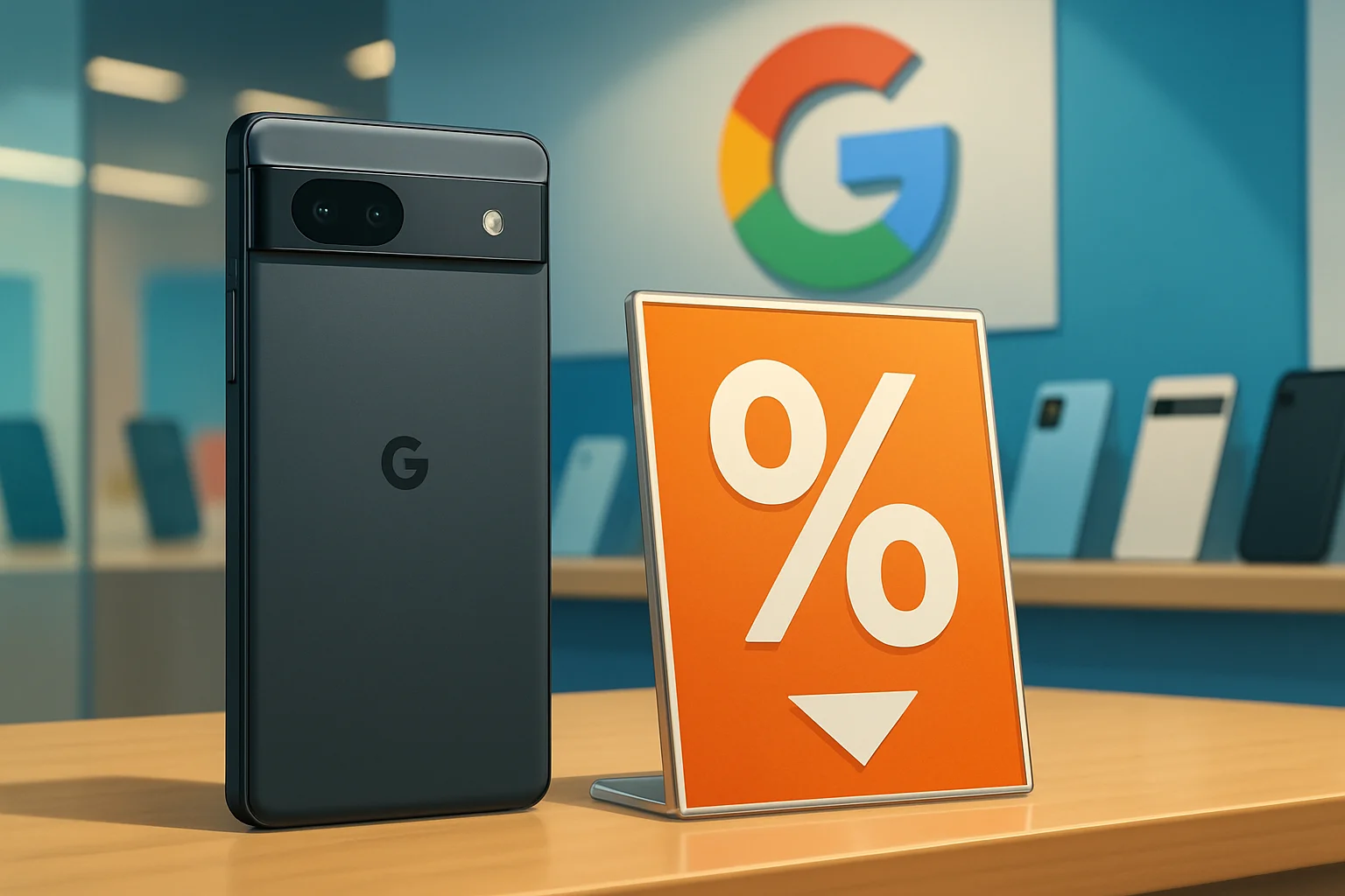 Смартфон Google Pixel 9a на прилавке магазина с ценником, символизирующим скидку.