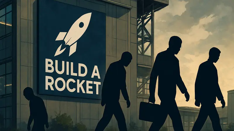 Логотип студии Build A Rocket Boy с ракетой на фоне, символизирующий увольнения в геймдеве.
