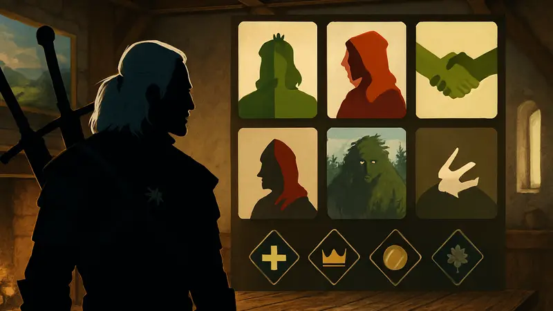 Геральт из Ривии на фоне игрового поля Reigns: The Witcher с элементами карточной игры