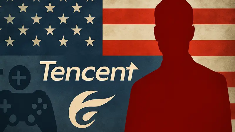 Логотип Tencent на фоне американского флага и символики игровой индустрии, иллюстрирующий политическое давление.
