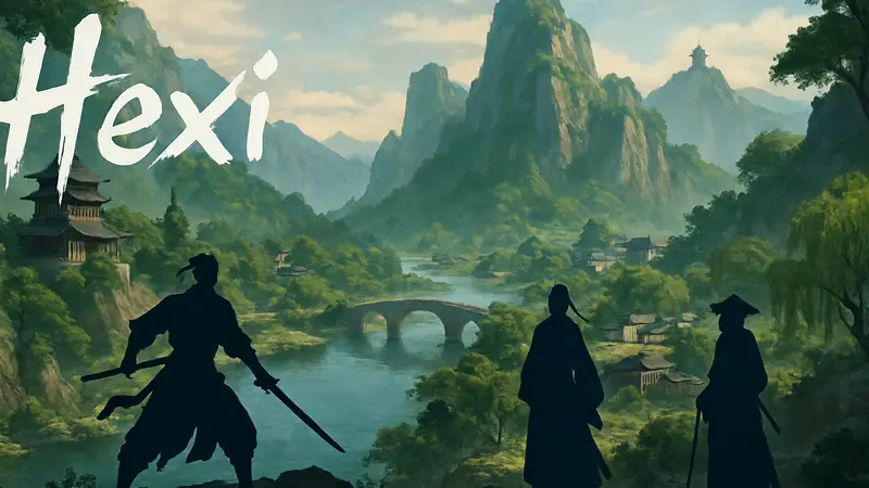 Обложка дополнения Hexi для Where Winds Meet, изображающая пейзажи в стиле wuxia и персонажей.