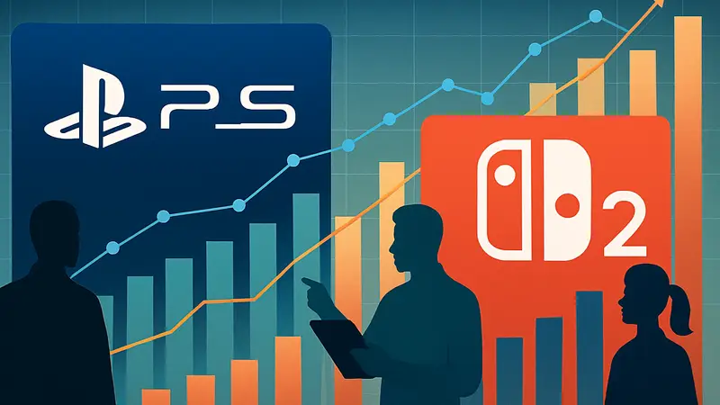 Логотипы PlayStation 5 и Nintendo Switch 2 на фоне графиков продаж, статистика игровых консолей