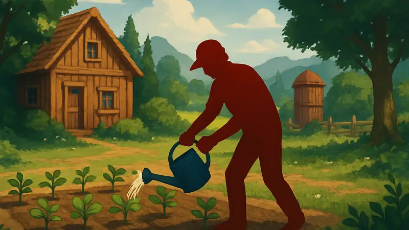 Игрок Stardew Valley занимается фермерством, поливая урожай на своей ферме, окруженной природой