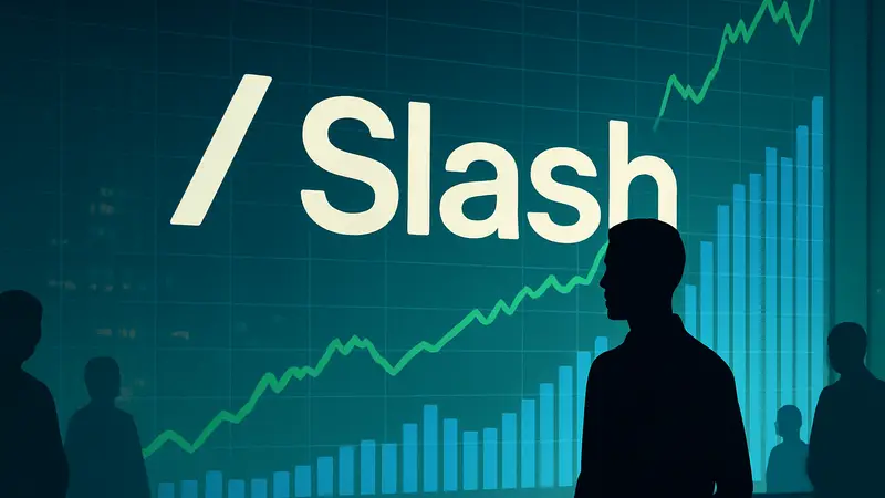 Логотип стартапа Slash на фоне финансовых графиков, символизирующий успех и инвестиции в финтех.