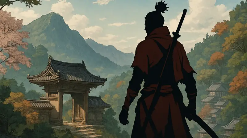 Кадр из аниме Sekiro: No Defeat, изображающий Волка в узнаваемом стиле FromSoftware, на фоне японских пейзажей.