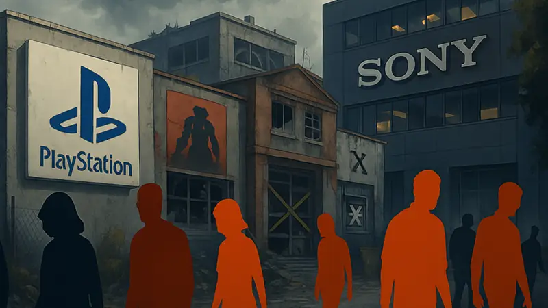 Игровые студии PlayStation и логотип Sony на фоне увольнений и закрытий в игровой индустрии.