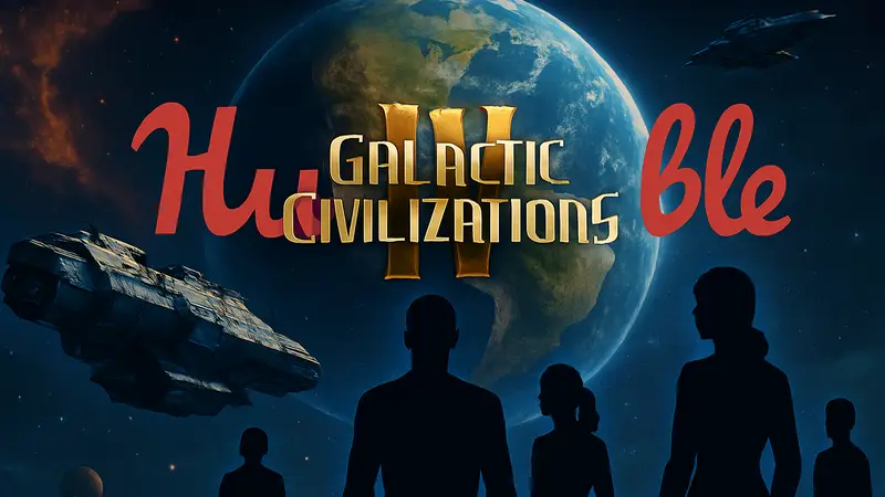 Иллюстрация космической стратегии Galactic Civilizations 4 на фоне логотипа Humble Bundle.