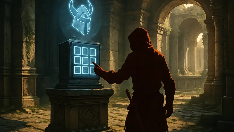 Игрок в Crimson Desert решает головоломку в Святилище Благословения для получения чертежа шлема.