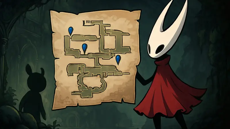 Фрагмент карты из Hollow Knight Silksong, показывающий места поиска частей карты.