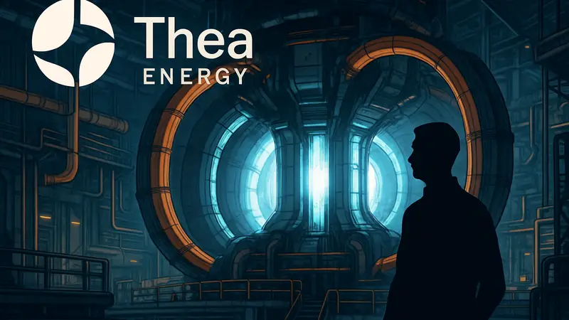 Логотип Thea Energy и футуристический дизайн термоядерного реактора