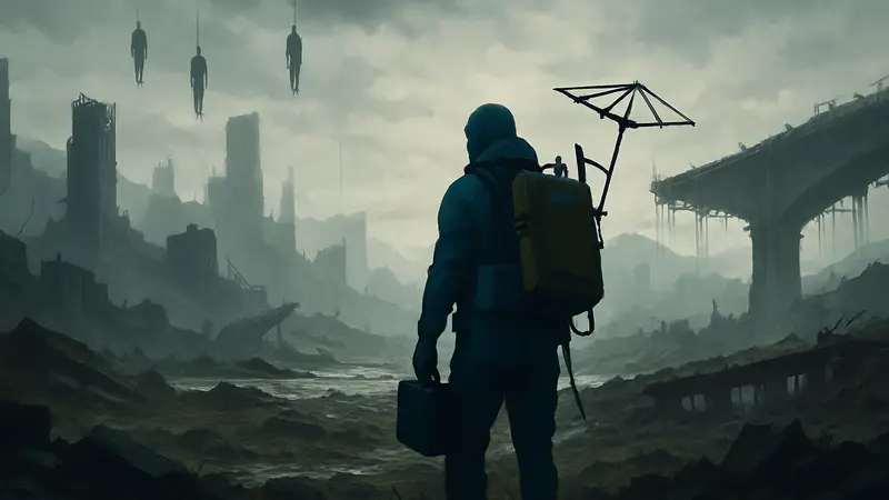 Кадр из игры Death Stranding или концепт-арт фильма, передающий постапокалиптическую атмосферу.