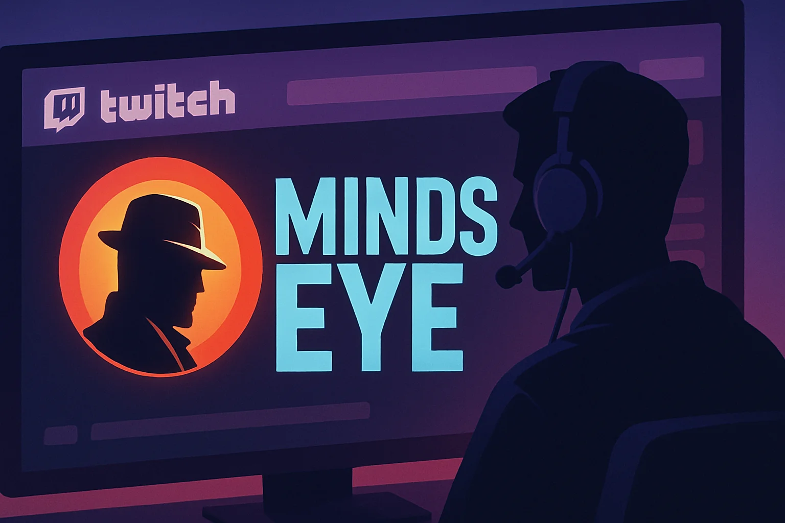 Логотип MindsEye на фоне экрана Twitch, символизирующий спорный спонсируемый контент и продвижение игры.