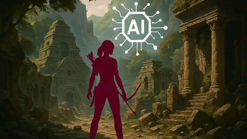 Концепт-арт или скриншот Tomb Raider: Legacy of Atlantis с символами ИИ, показывающими его использование в игре.