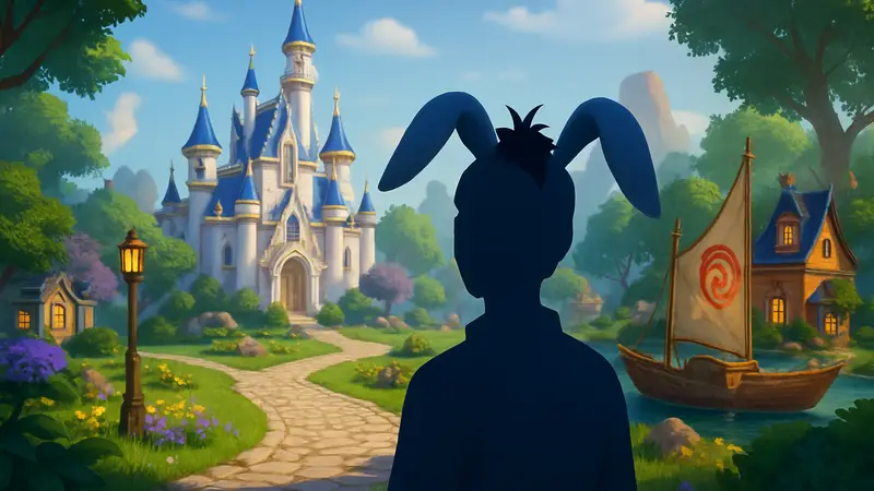 Игрок Disney Dreamlight Valley с ушами Иа-Иа, полученными через Twitch Drop, на фоне игрового мира.