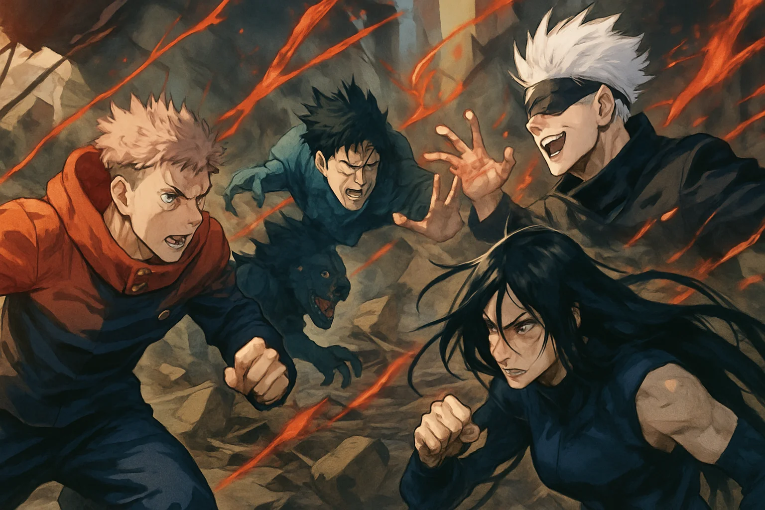Арт из Jujutsu Kaisen, сильнейшие персонажи "Игры на Выбывание" в разгар битвы.