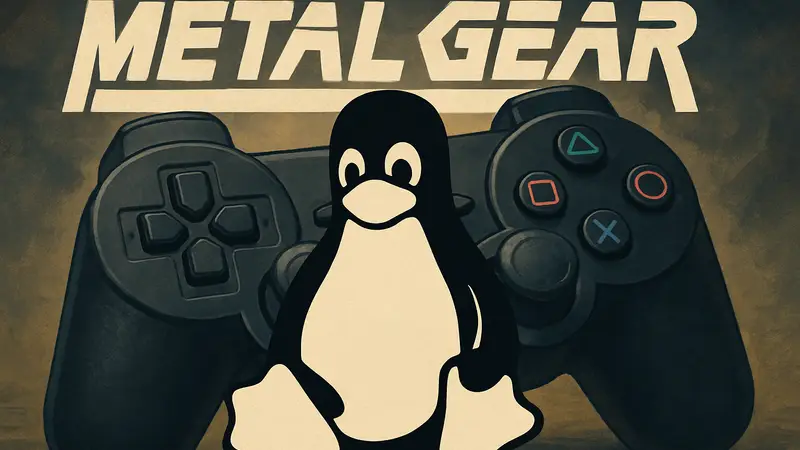 Логотип Metal Gear и символ Linux Tux на фоне контроллера, иллюстрация Linux-гейминга