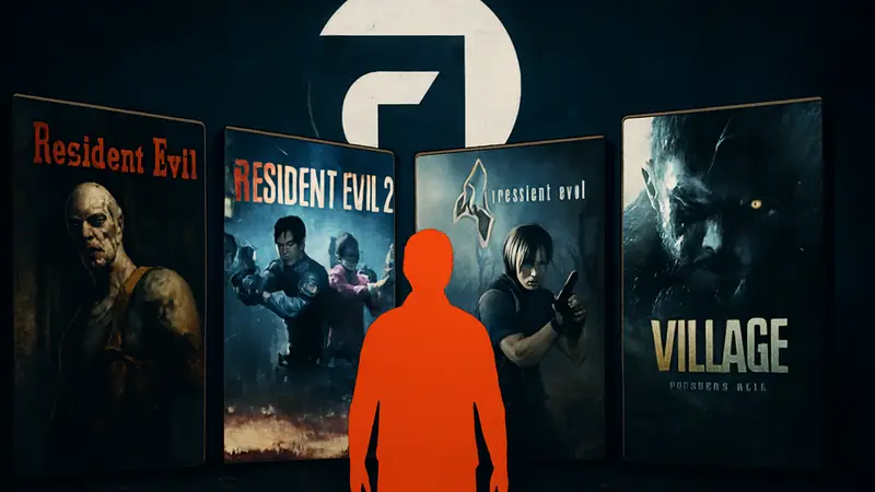 Обложки игр Resident Evil на фоне логотипа Fanatical, распродажа хоррор-игр.