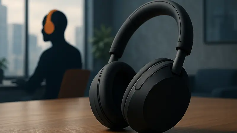 Наушники Sony WH-1000XM6 в чёрном цвете на столе, с акцентом на дизайн и шумоподавление.