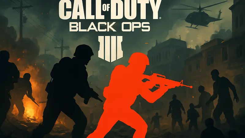 Логотип Call of Duty: Black Ops 7 на фоне боевых сцен, иллюстрация патча игры.