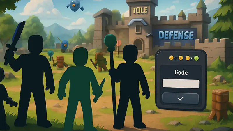 Игровой скриншот Roblox Idle Defense с персонажами и интерфейсом ввода кодов для активации бонусов.