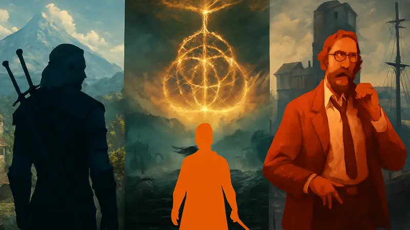 Коллаж из лучших RPG-игр, таких как The Witcher 3, Elden Ring и Disco Elysium.