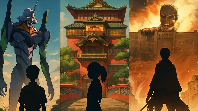 Коллаж из кадров Топ-10 аниме-шедевров последних 30 лет: Neon Genesis Evangelion, Spirited Away, Attack on Titan.