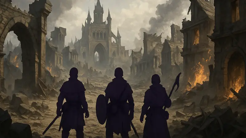 Кадр из тактической RPG Wartales: вид на разрушенный город Изандрин из дополнения Fires in the Capital