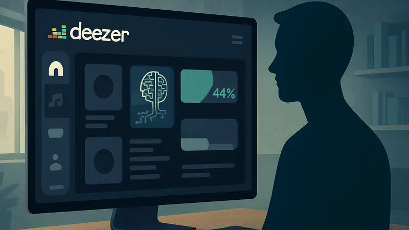 Интерфейс Deezer с индикаторами загрузки ИИ-музыки и ее прослушивания.