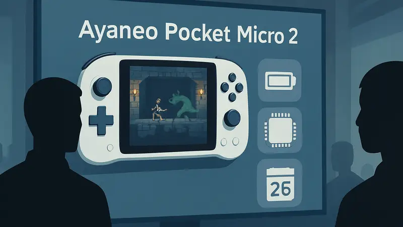 Изображение портативной консоли Ayaneo Pocket Micro 2 с деталями характеристик и датой анонса.