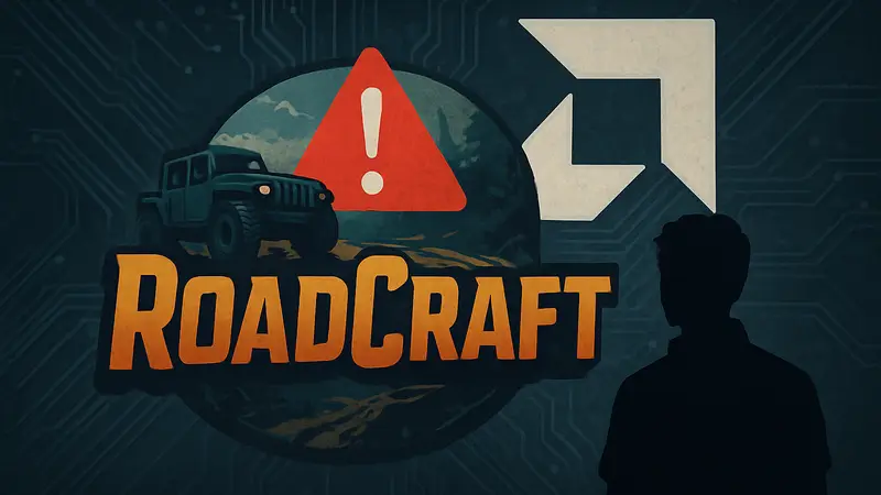 Логотип игры RoadCraft на фоне символики AMD, иллюстрирующий технические проблемы.