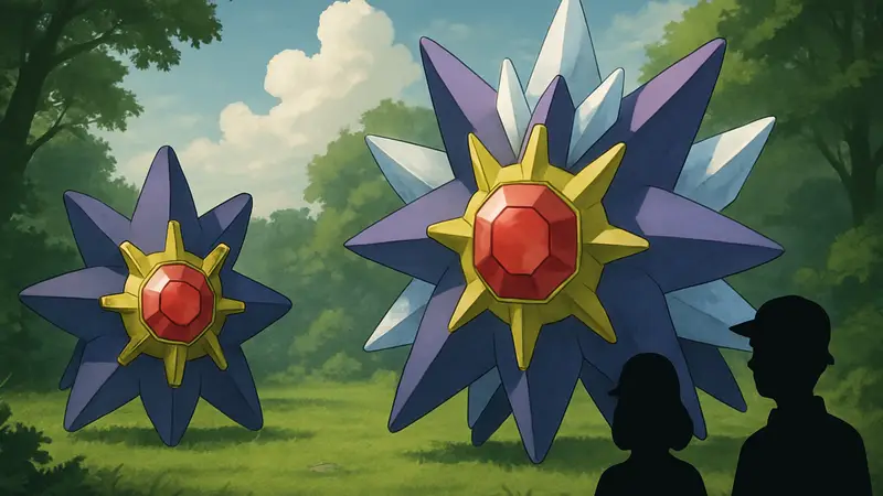Изображение покемона Starmie в его обычной и Мега-эволюционной форме