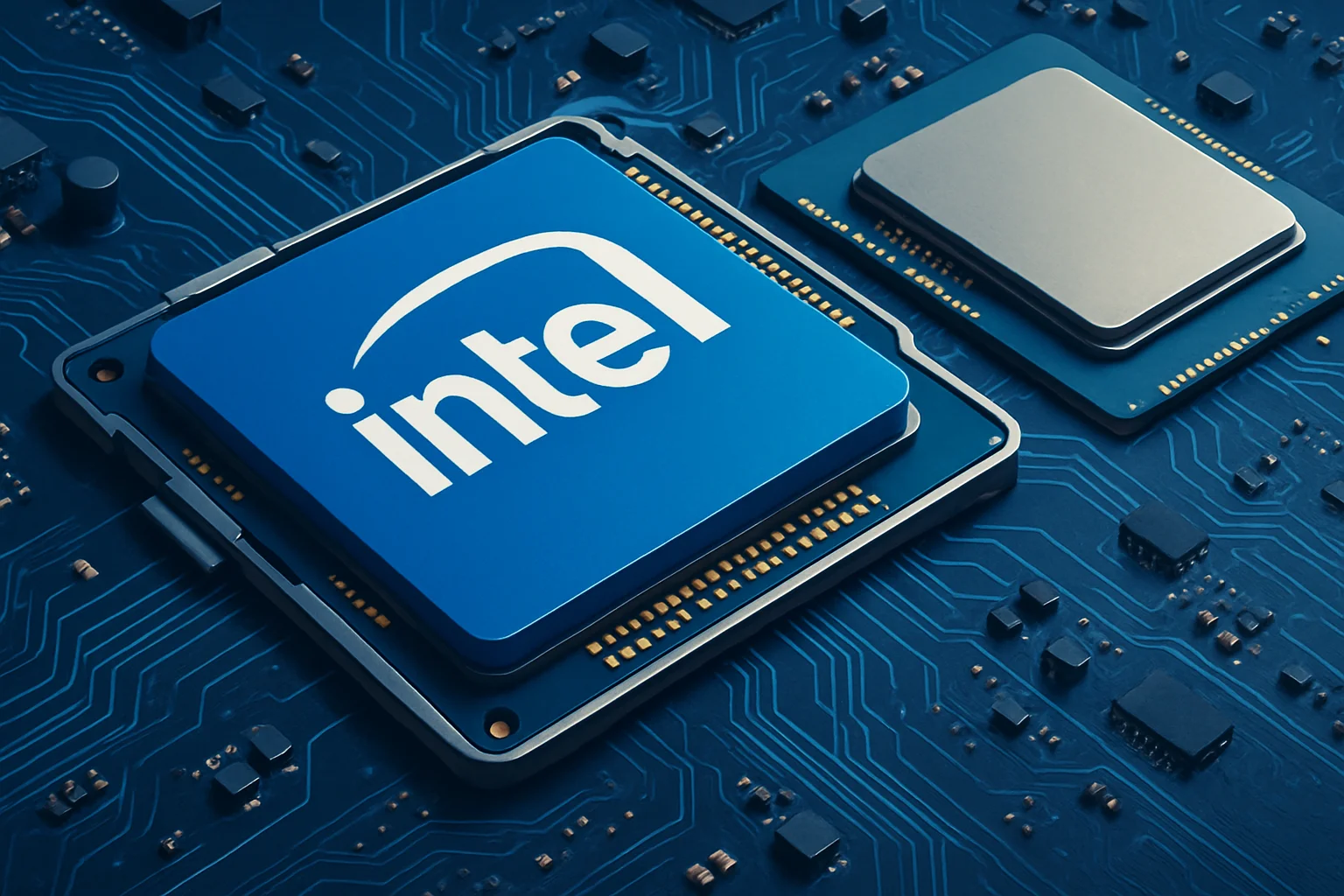 Изображение логотипа Intel на фоне материнской платы с процессором, символизирующее изменение производственной стратегии.