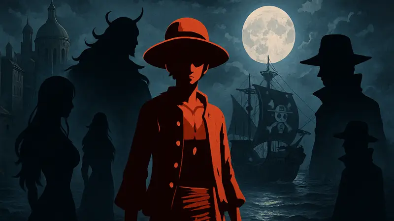 Изображение Луффи и других персонажей One Piece, символизирующее темный роман в финальной саге манги.