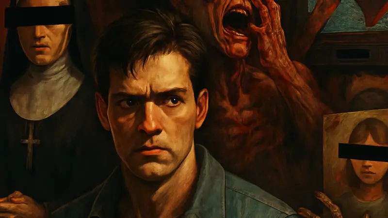 Обложка игры Harvester с изображением главного героя, окруженного странными и пугающими элементами, намекающими на цензуру.
