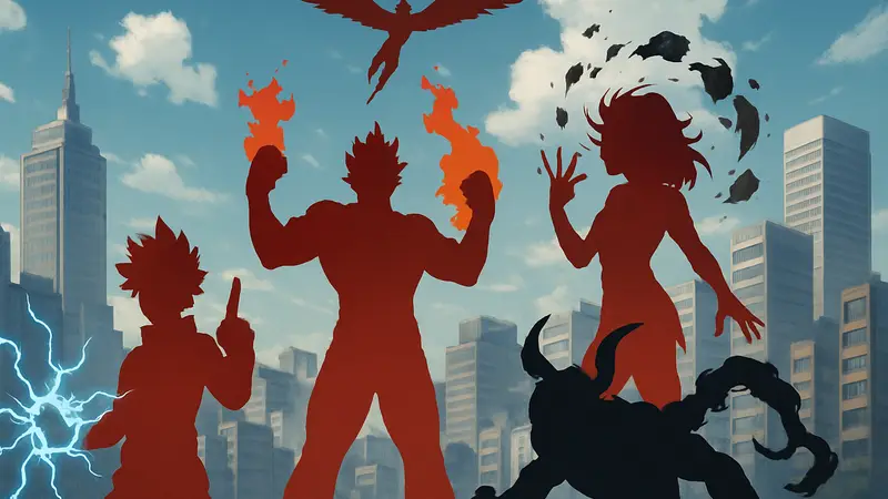 Персонажи My Hero Academia демонстрируют свои мощные причуды после пробуждения на фоне города.
