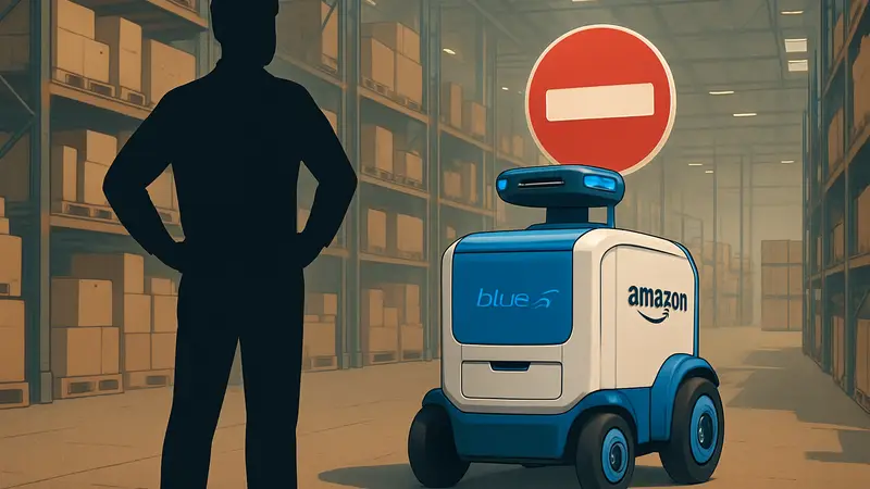 Робот Amazon Blue Jay на складе, символизирующий остановку проекта