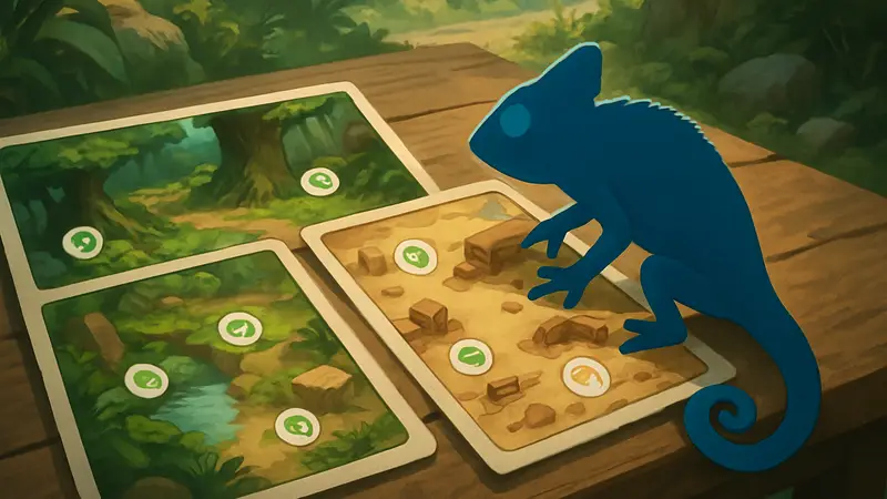 Игровые карты Meccha Chameleon с отмеченными секретными укрытиями для хамелеонов.