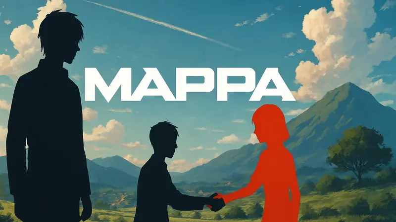 Логотип MAPPA на фоне стилизованного аниме-пейзажа, символизирующий слияние студий.