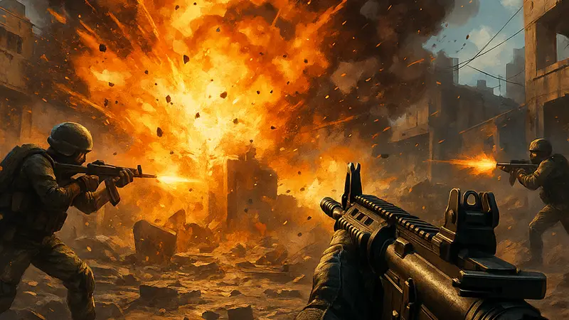 Геймплей из динамичного FPS-шутера, демонстрирующий взрывы и перестрелки
