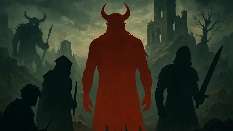 Обложка настольной игры «Гнев» (Wroth) с изображением мрачных персонажей или фэнтезийного мира.